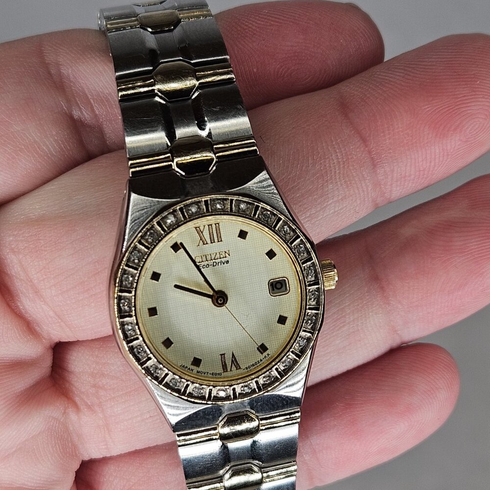 Citizen Eco-Drive E010-S008654 Diamond Bezel Gold & Silver Tone Wristwatch Watch - Picture 6 of 12